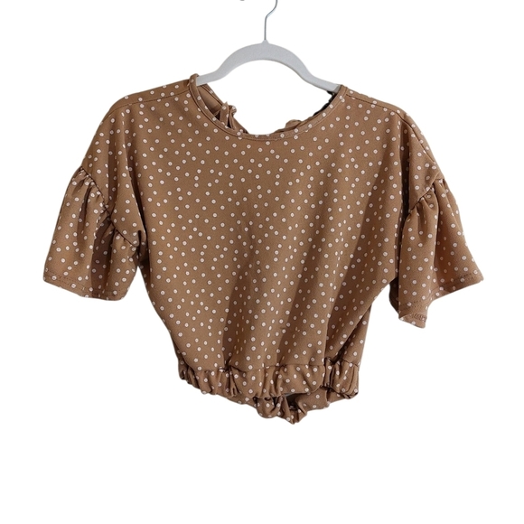 boohoo Polka Dot Ruffle Sleeve Tan Top- 4 - Picture 2 of 6